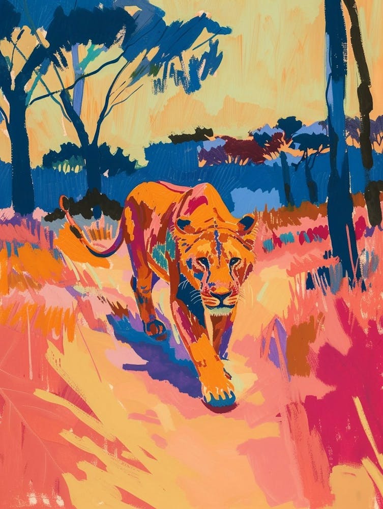 Asiatic Lion Hunting In The Savannah Fauvist Painting 2