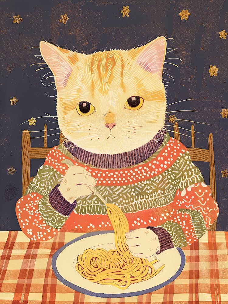 Illustration Folk Chat Beige Amoureux des Pâtes 2