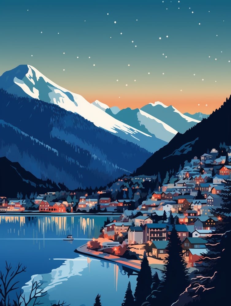 Winter Travel Night Illustration Queenstown New Zealand 1