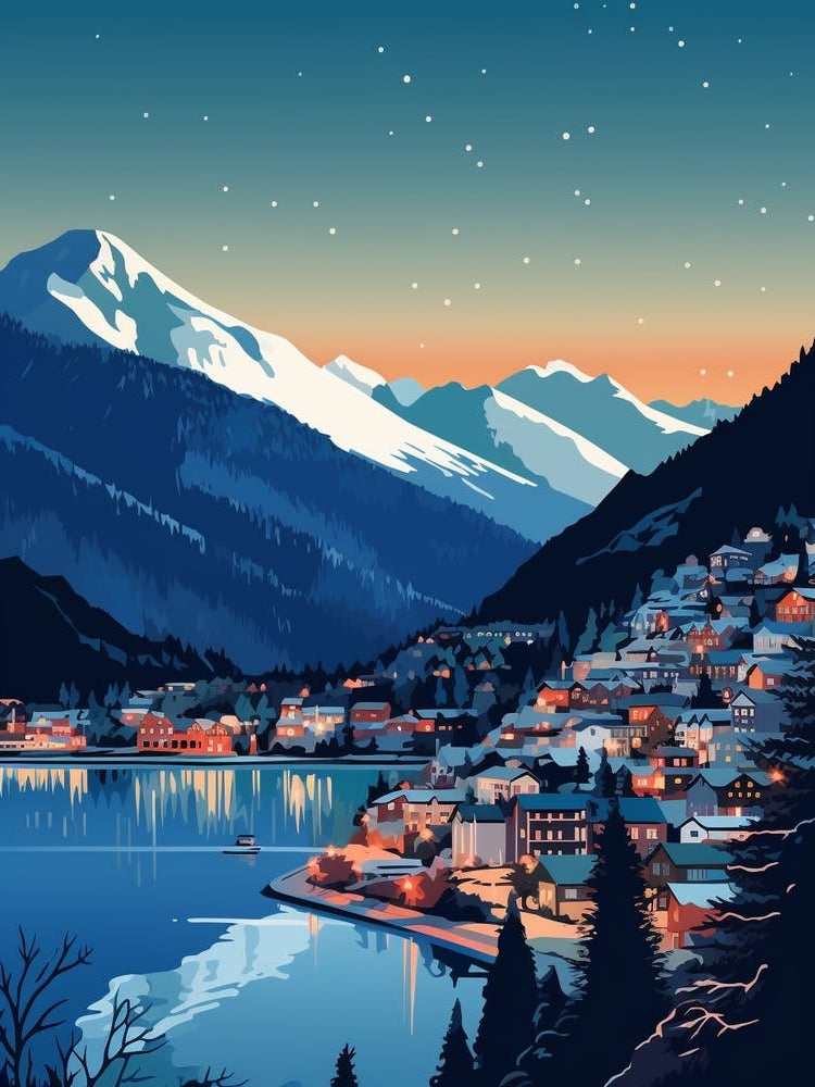 Winter Travel Night Illustration Queenstown New Zealand 1