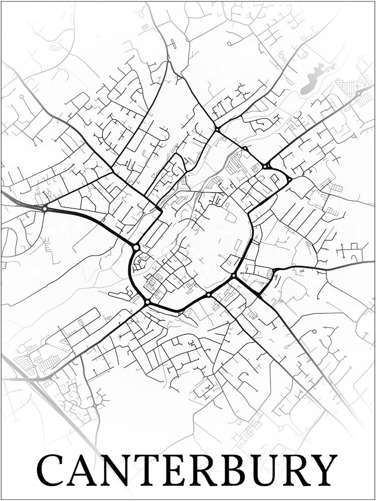 Canterbury, England, Uk, City Map, Black And White Fade Design