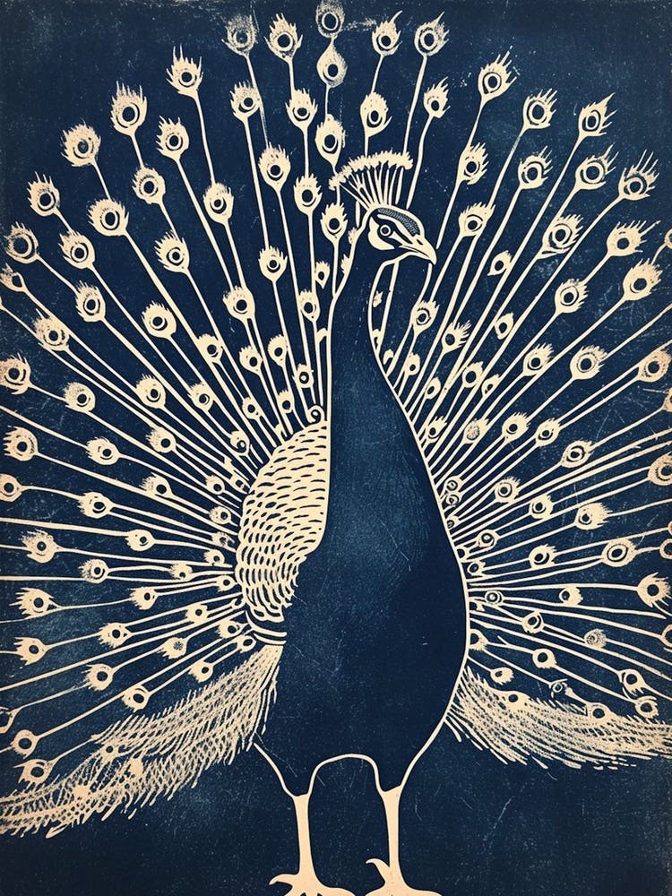Navy Blue Linocut Inspired Peacock With Feathers Out