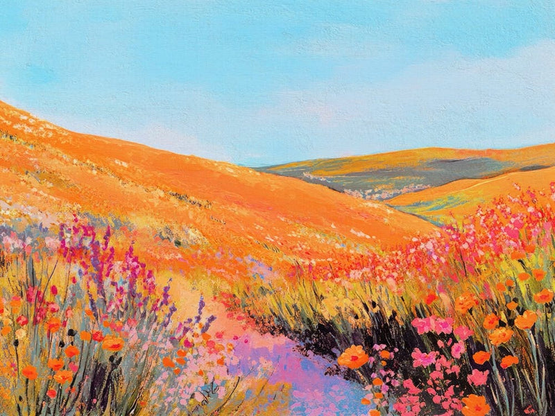 painting of Rolling hills with wildflowers in golden, poppy red, baby blue colors – folk art of a colorful landscape nin the style modernism great for living rooms, entryways, creative offices, bedrooms or as a nature lover gift