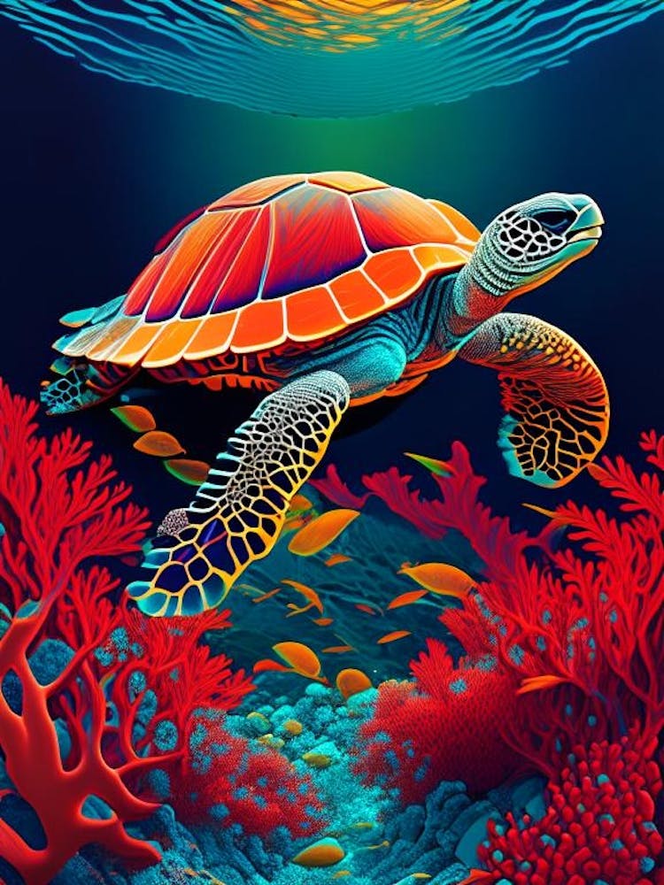 A Single Sea Turtle In Coral Reef, Sea Turtle Primary Colours 2