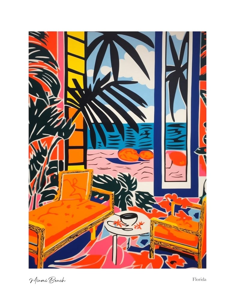 Miami Beach Florida Matisse Style 3 Watercolour Travel Poster