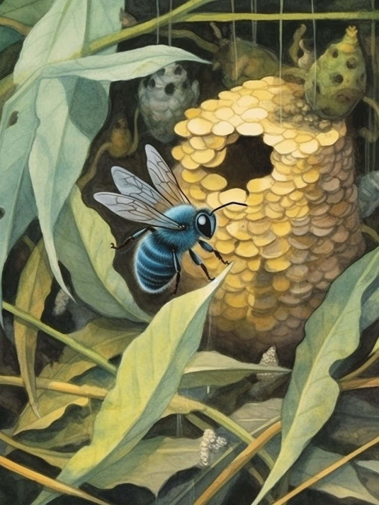 Blue Carpenter Bee Beehive Watercolour Illustration  3