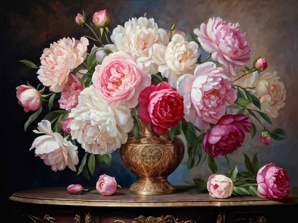 Vase Brimming With Fully Bloomed Roses And Peonies Petals Open To Their Full Magnificence Position