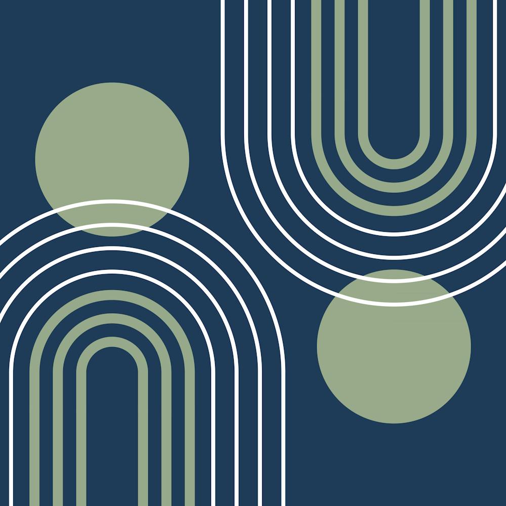 Mid Century Modern Geometric B21 In Navy Blue And Sage Green (Rainbow And Sun Abstract) 02