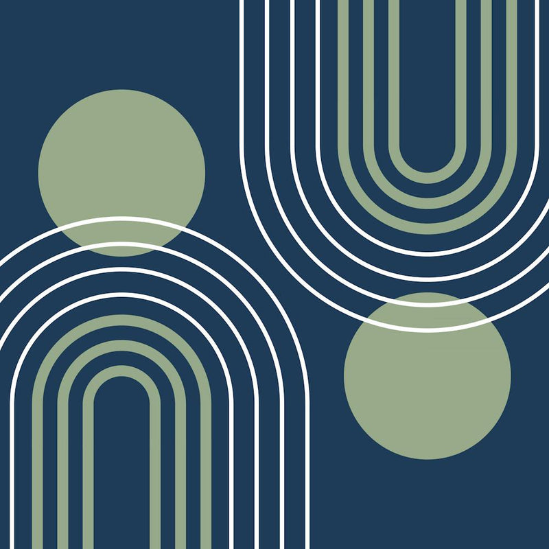 Mid Century Modern Geometric B21 In Navy Blue And Sage Green (Rainbow And Sun Abstract) 02