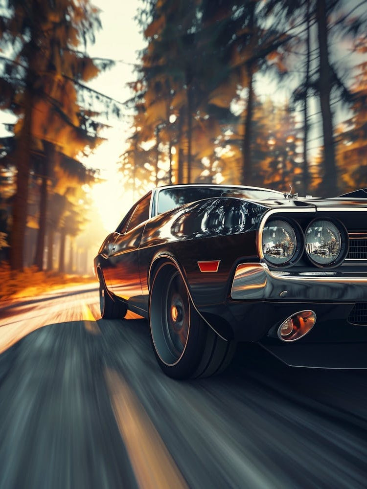 Classic Muscle Car Driving In The Forest