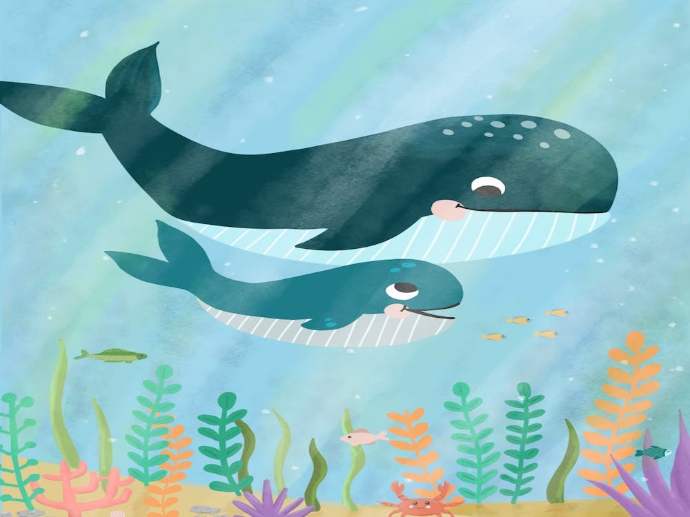 Whales In The Sea - Baby whale - Ocean print