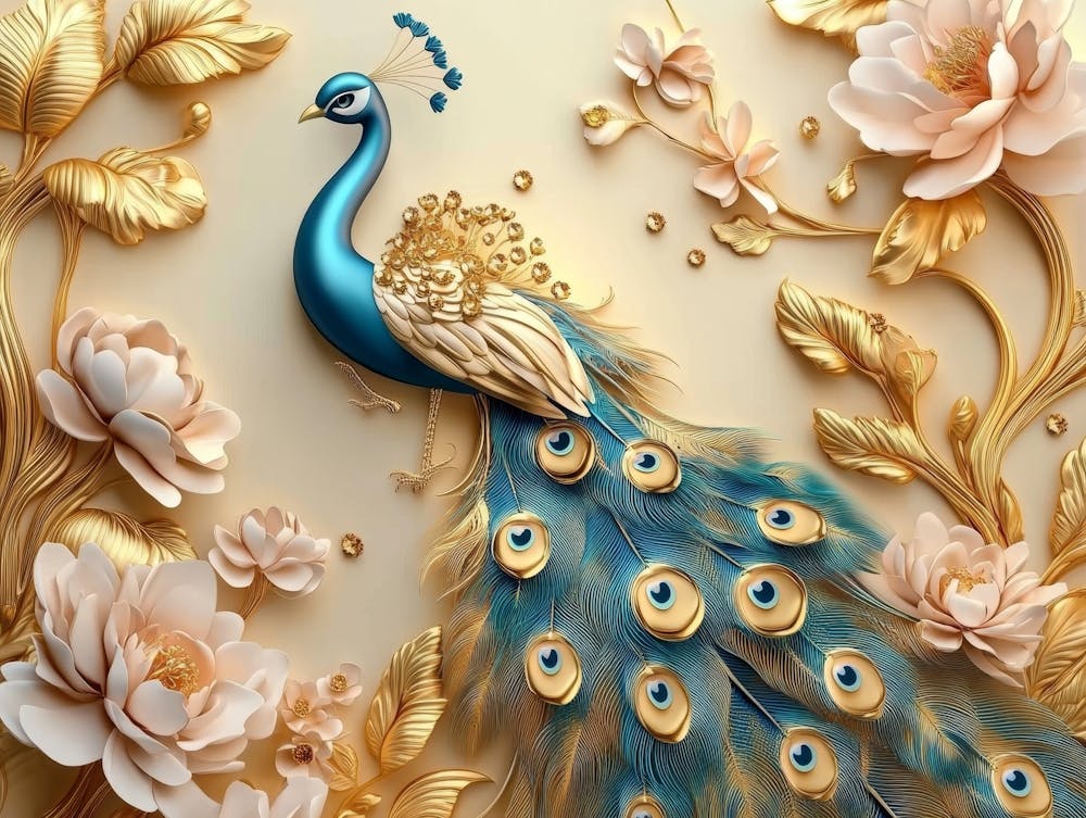 3d Artwork Peacock Illustration Background with Golden Jewelry and Flowers 2