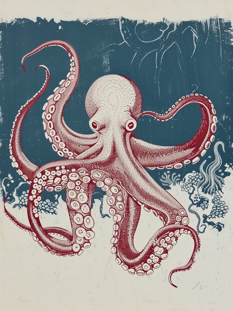 Retro-Linolschnitt-inspirierter roter und marineblauer Oktopus 1
