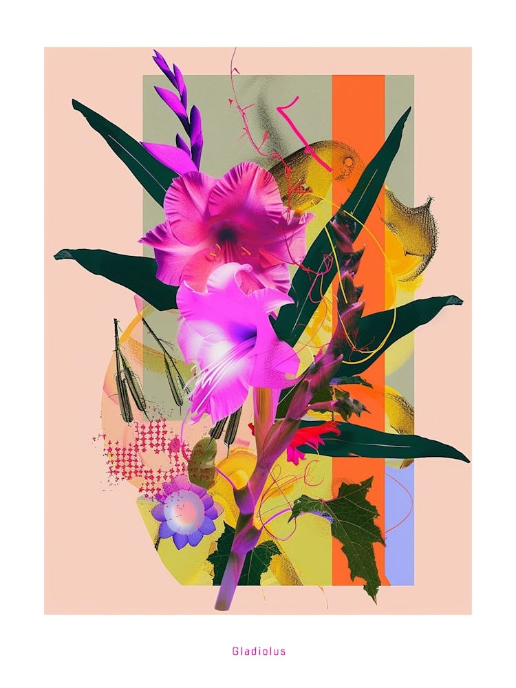 Gladiolus 2 Neon Flower Collage Poster