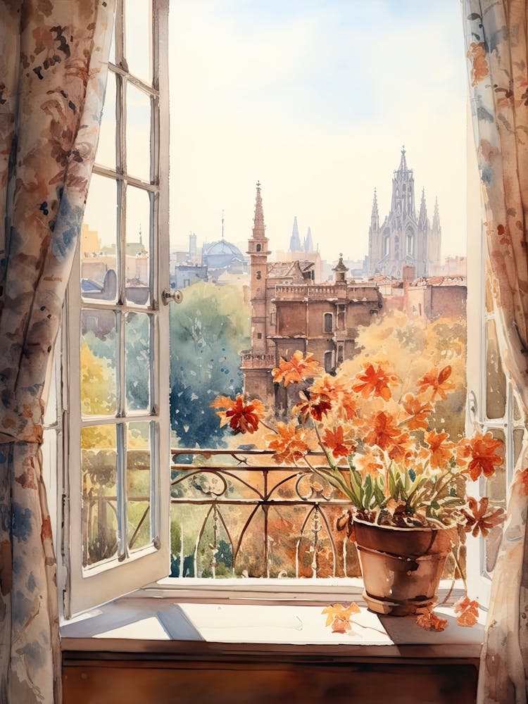 Window View Of Barcelona Spain In Autumn Fall, Watercolour 3