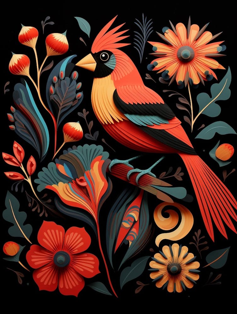 Folk Bird Illustration Northern Cardinal 3