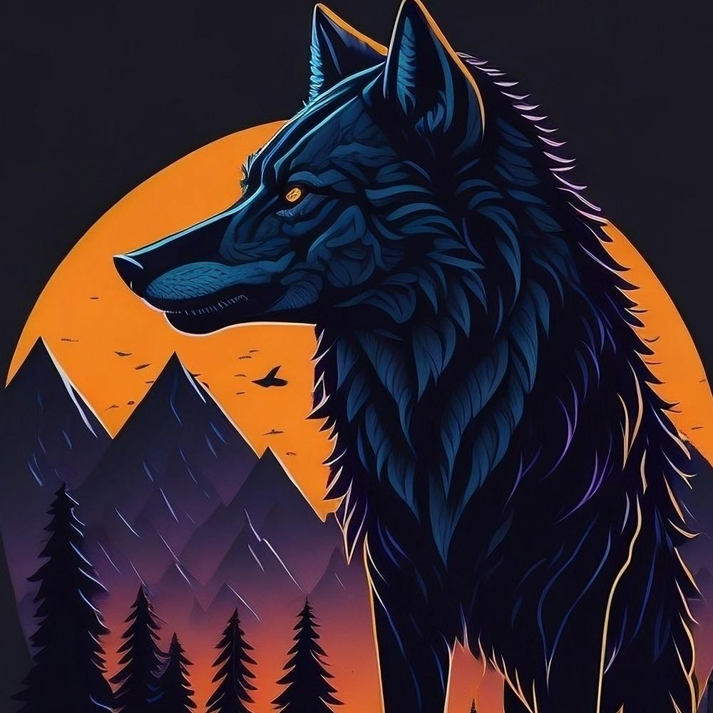A silhouette Wolf against a sunset background