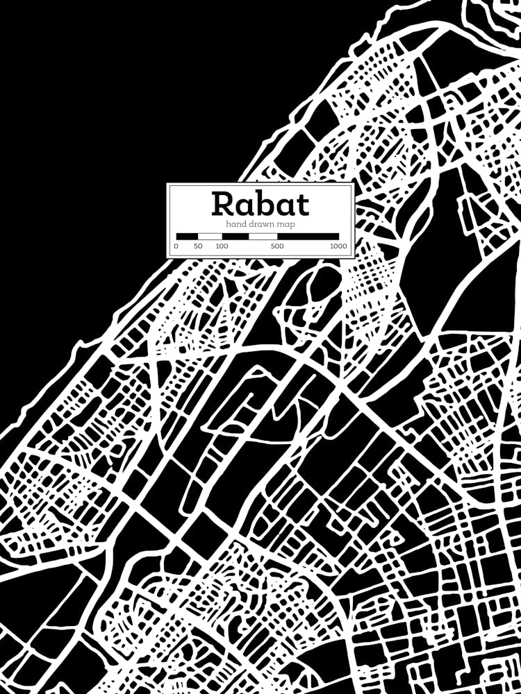 Rabat Stadtplan — Handgezeichnete Karte, Vektor Schwarzkarte