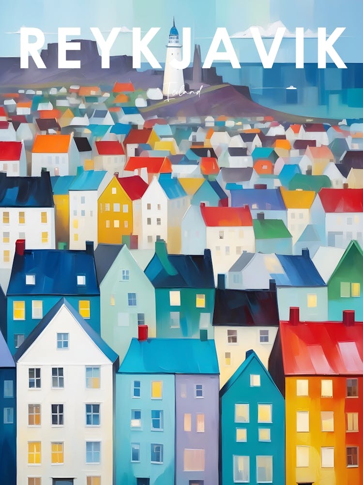 Reykjavik City Travel Poster Cubism Style