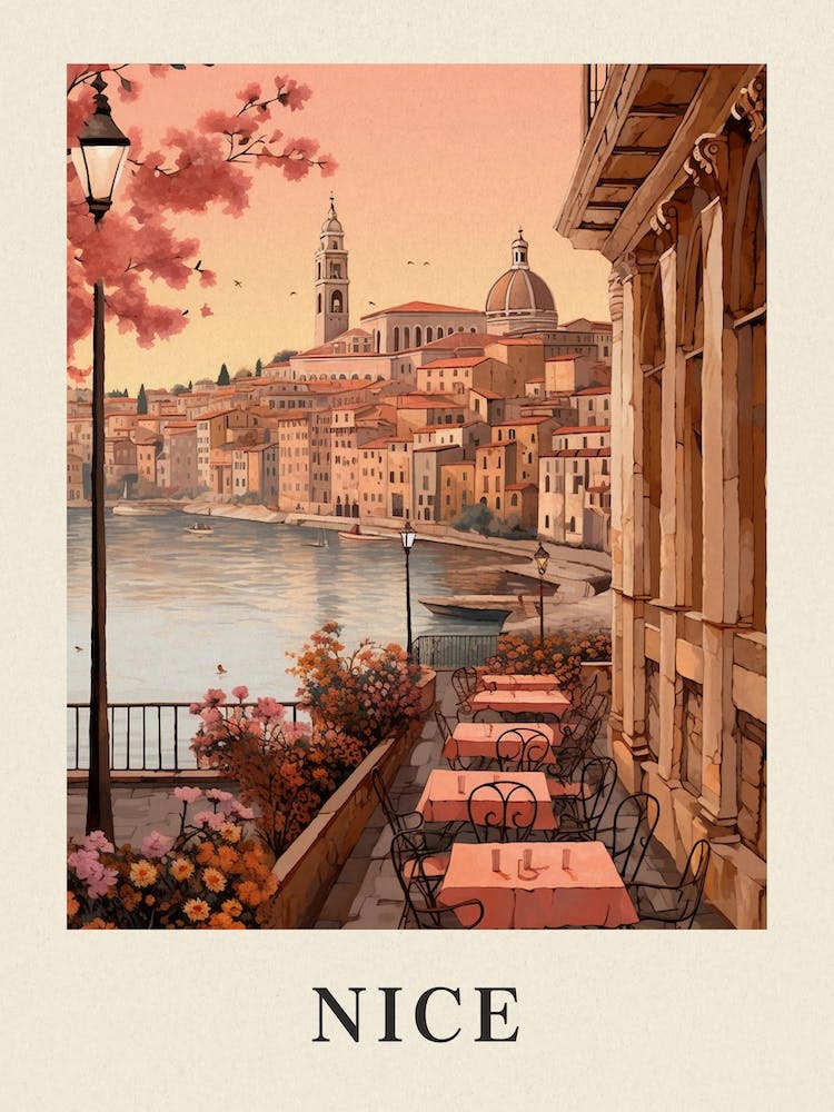 Nice France 4 Vintage Pink Travel Illustration Poster