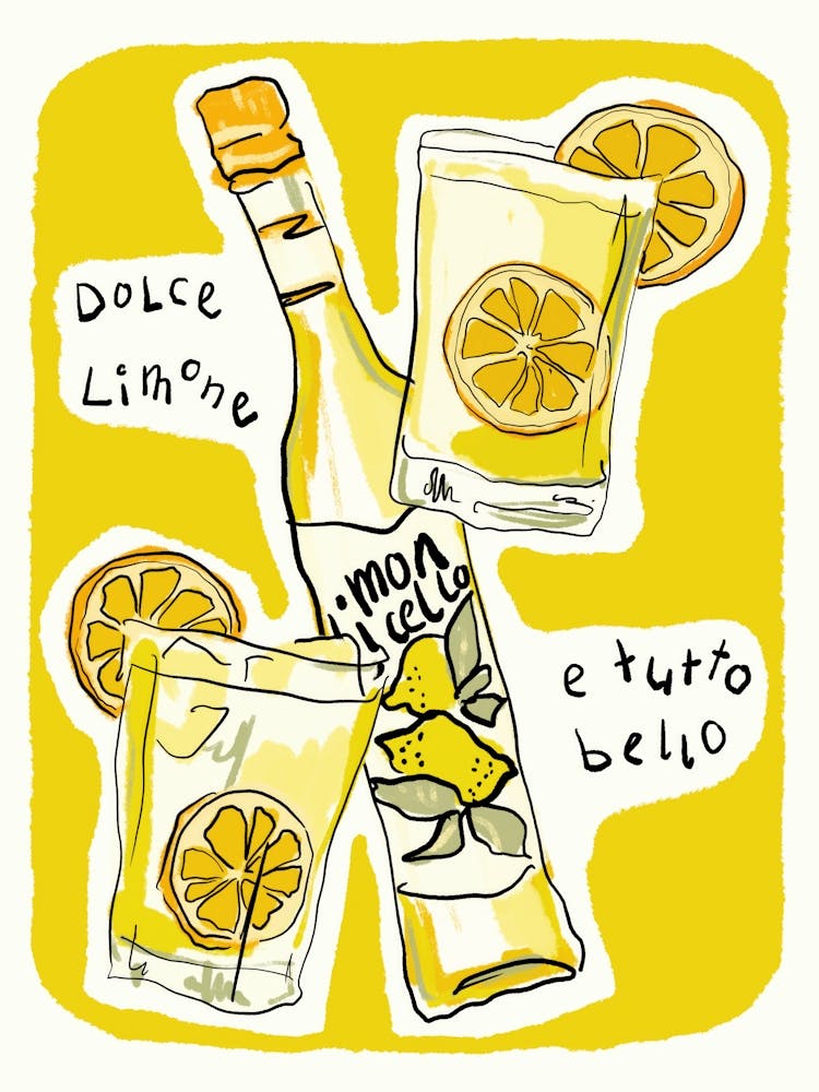 hand-drawn illustration Dolce Limone Italian print in vibrant yellow, citrus orangewith a playful Mediterranean vibe – foodie wall art kitchen decor – perfect for dining rooms, living rooms, bar carts