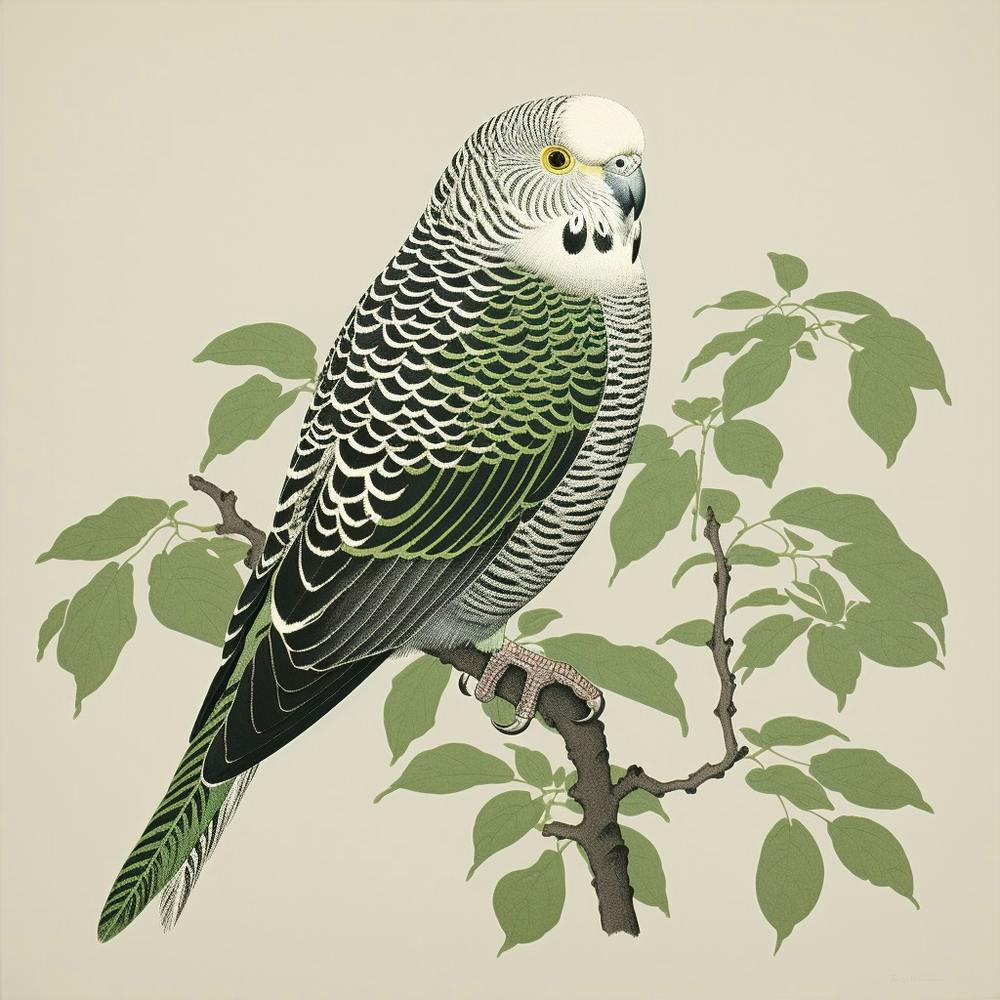 Ohara Koson Inspired Bird Painting Budgerigar 2 Square