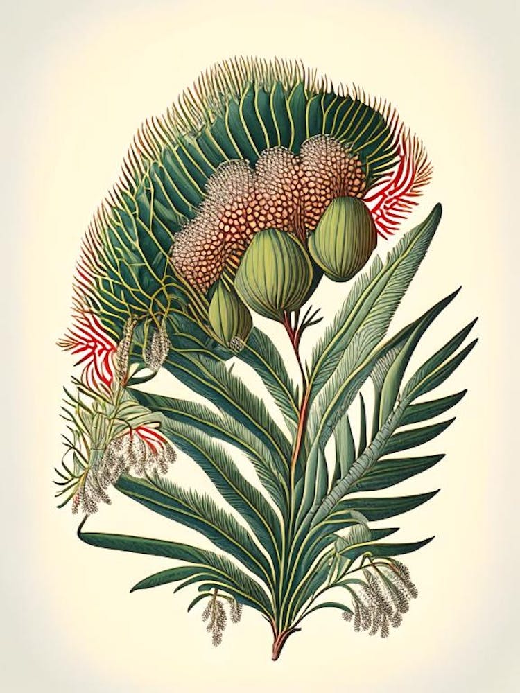 Pincushion Hakea Fern 1 Affiche Botanique Vintage