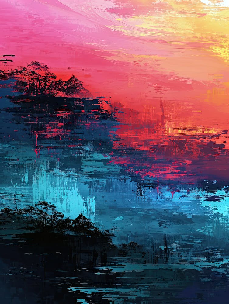 Abstrakter Sonnenuntergang Leinwandkunst | Pixel-Minimalismus Kunstserie