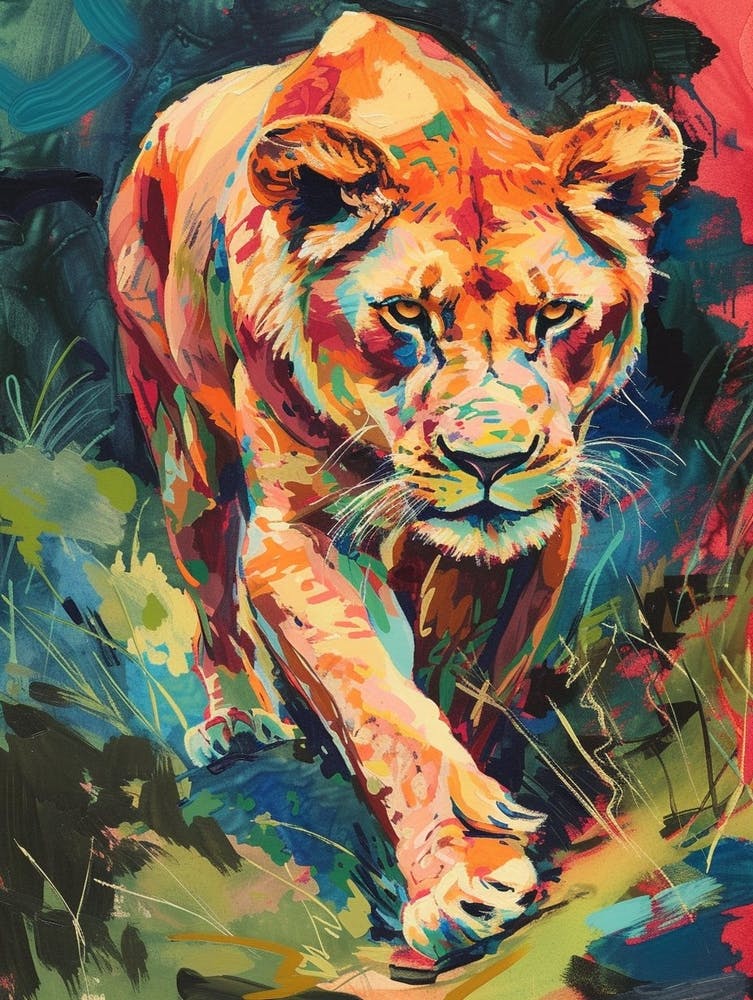 Transvaal Lion Lioness On The Prowl Fauvist Painting 1