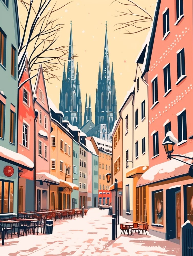 Vintage Winter Travel Illustration Cologne Germany 4