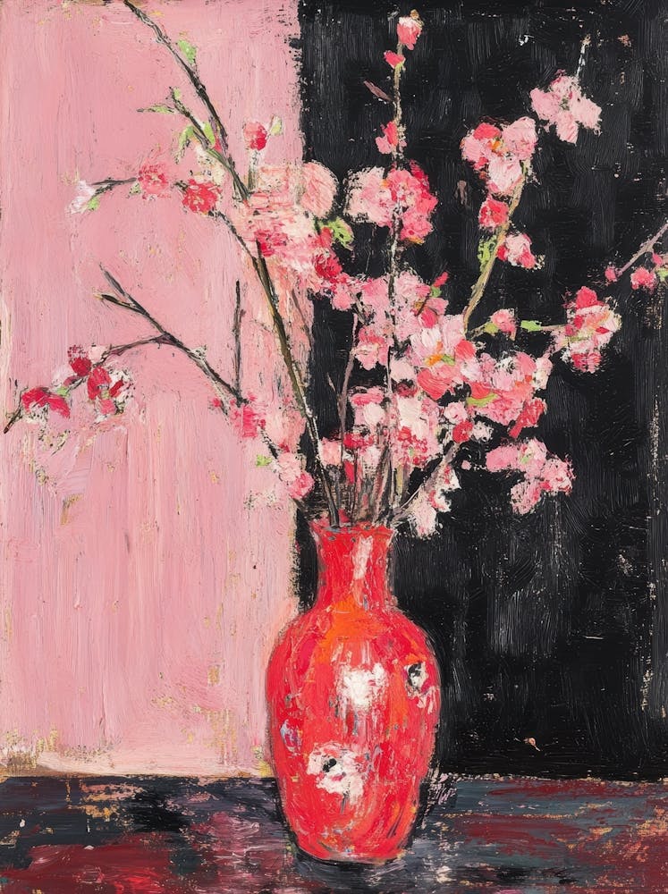 Cherry Blossoms In Red Vase