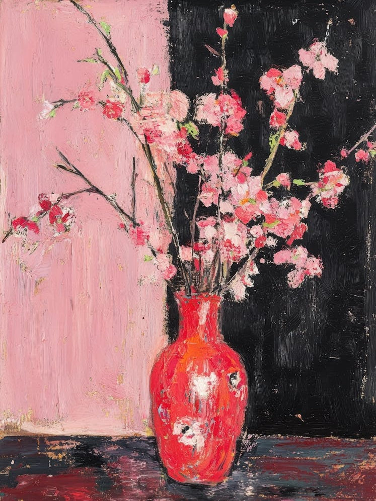 Cherry Blossoms In Red Vase