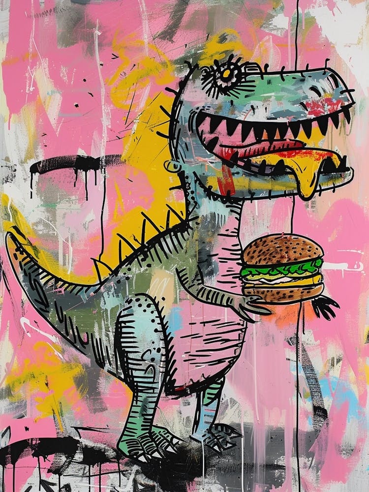 Dinosaur Eating A Hamburger Pink Blue Graffiti Style 1