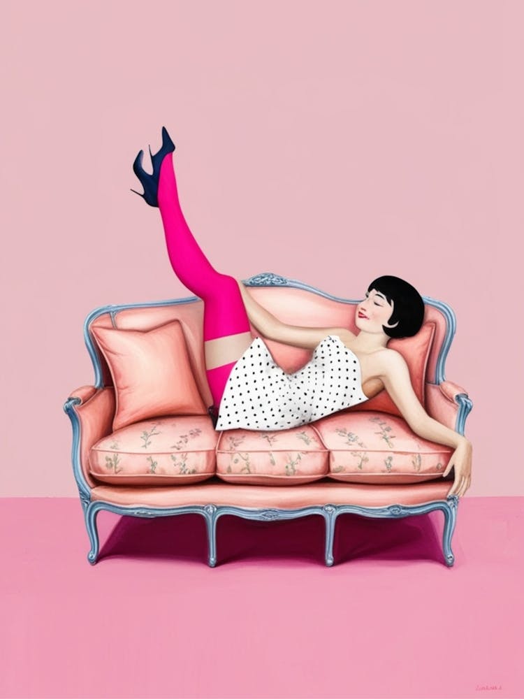 Frau auf einer rosa Couch