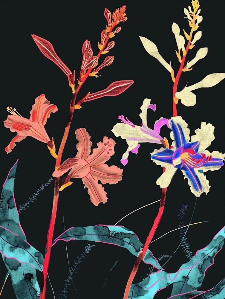 Neon Flowers On Black Coral Bells 2