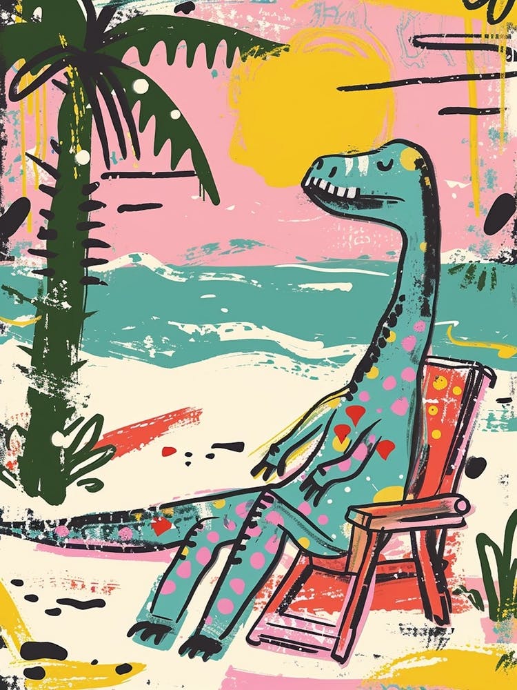 Dinosaur Relaxing On The Beach Pink Blue Pastel