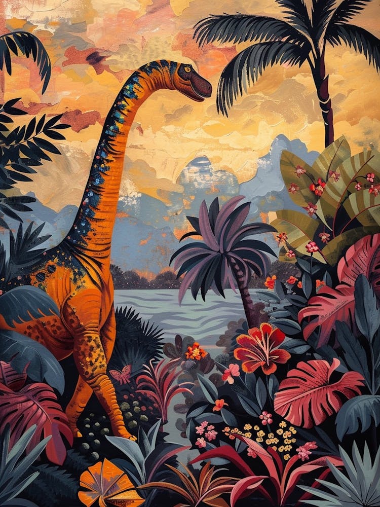 Dinosaur In Tropical Leaves Warm Tones Painting