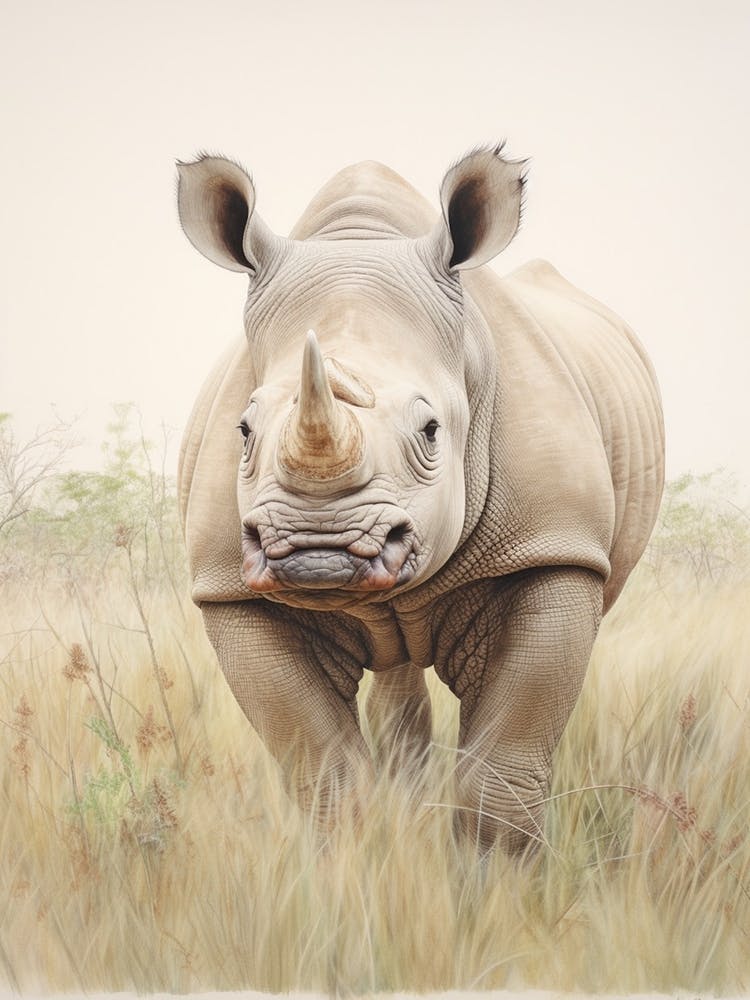 Vintage Rhino Illustration In The Grass 4