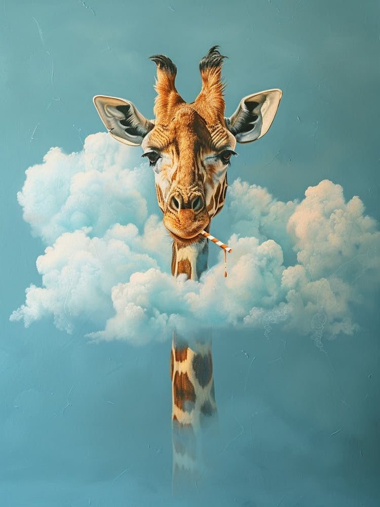 Giraffe S Head Peeks Out Of Cloud And Drinks From It With A Straw