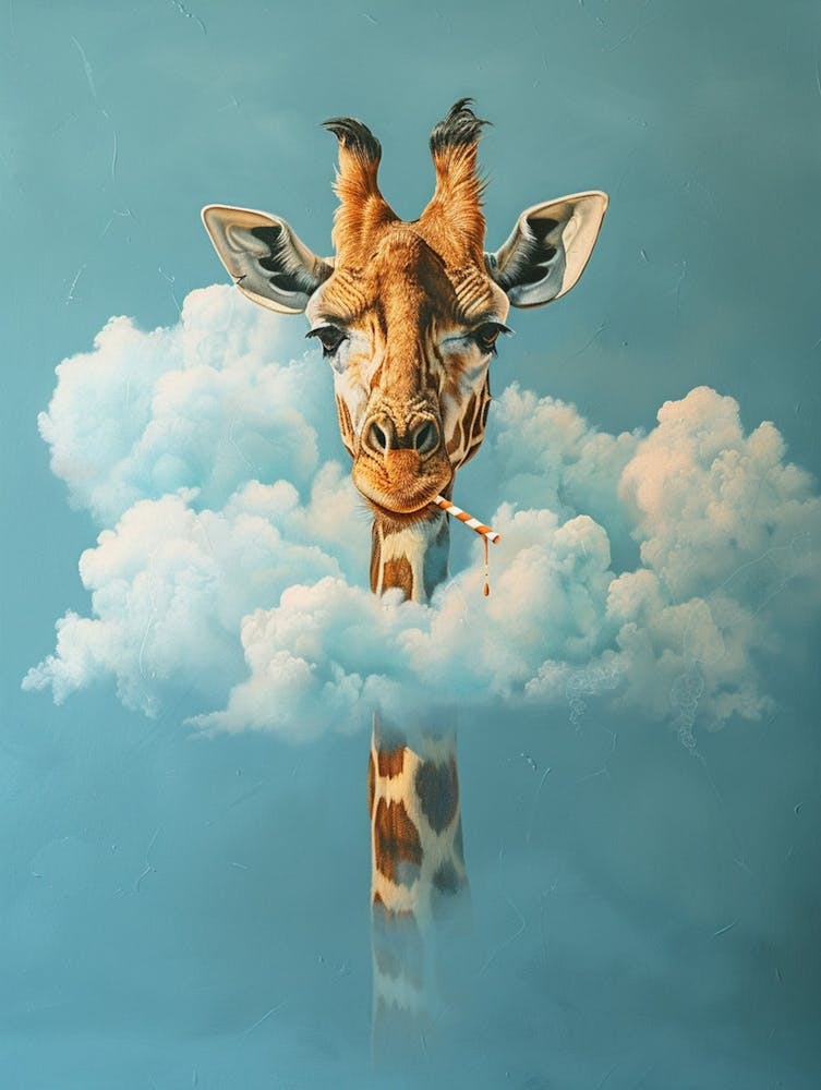 Giraffe S Head Peeks Out Of Cloud And Drinks From It With A Straw