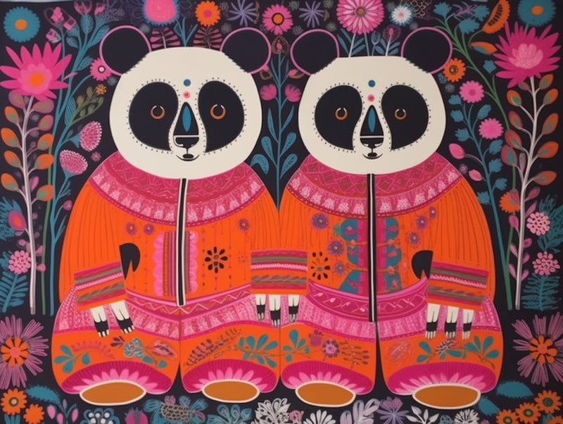 Giant Panda 2 Folk Style Animal Illustration