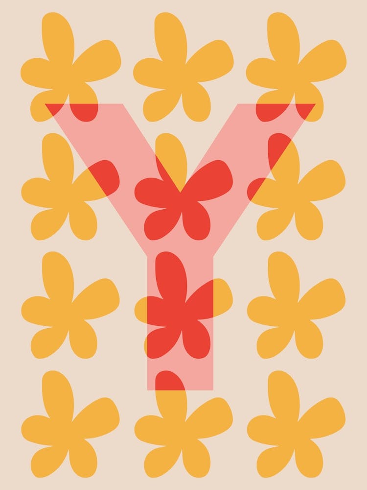 Alphabet Flower Letter Y Print - Pink, Yellow, Red