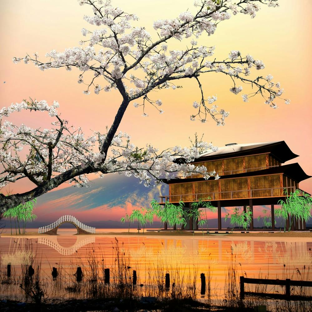 Sunset Over a Japanese Lakehouse In Fukui