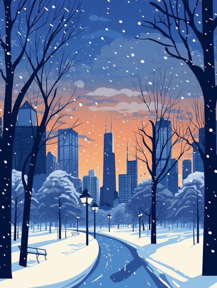 Winter Travel Night Illustration Chicago Usa 1