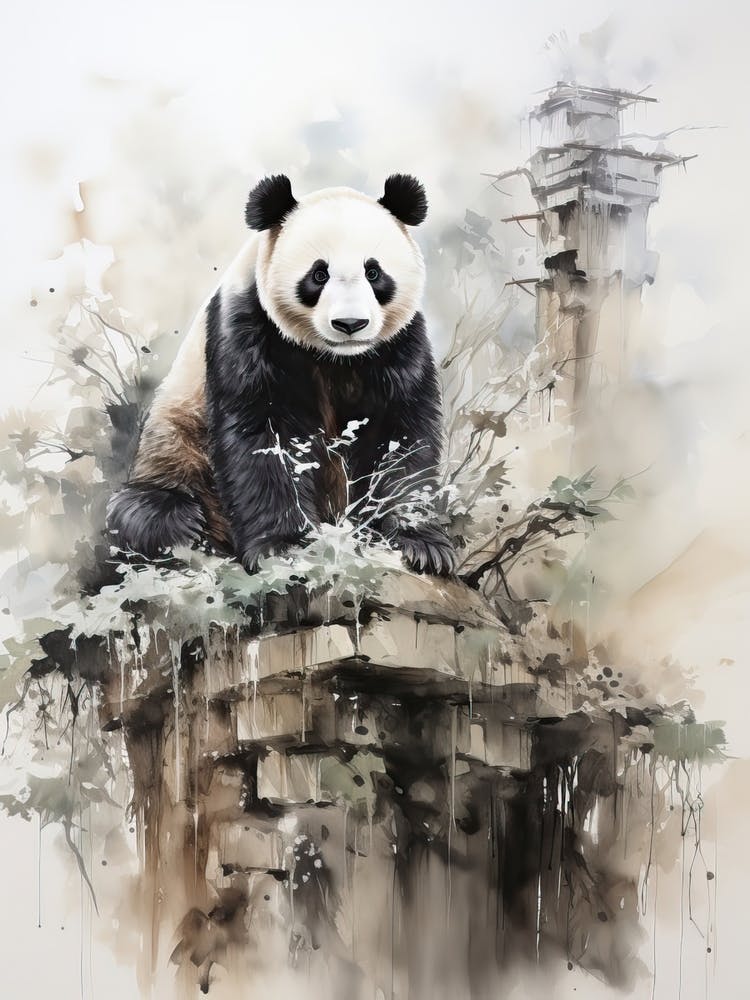 Panda Bear, Japanese Brush Painting, Ukiyo E, Minimal 4
