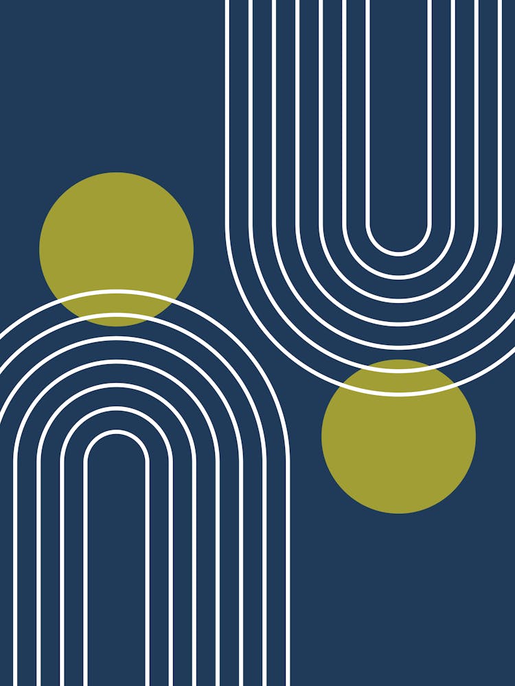 Mid Century Modern Geometric C19 In Navy Blue And Lime (Rainbow And Sun Abstraction) 01