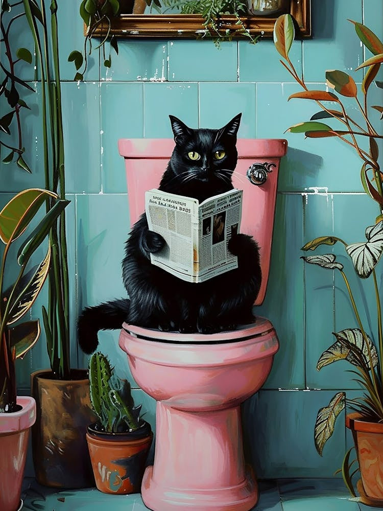 Cat Reading Book In The Toilet