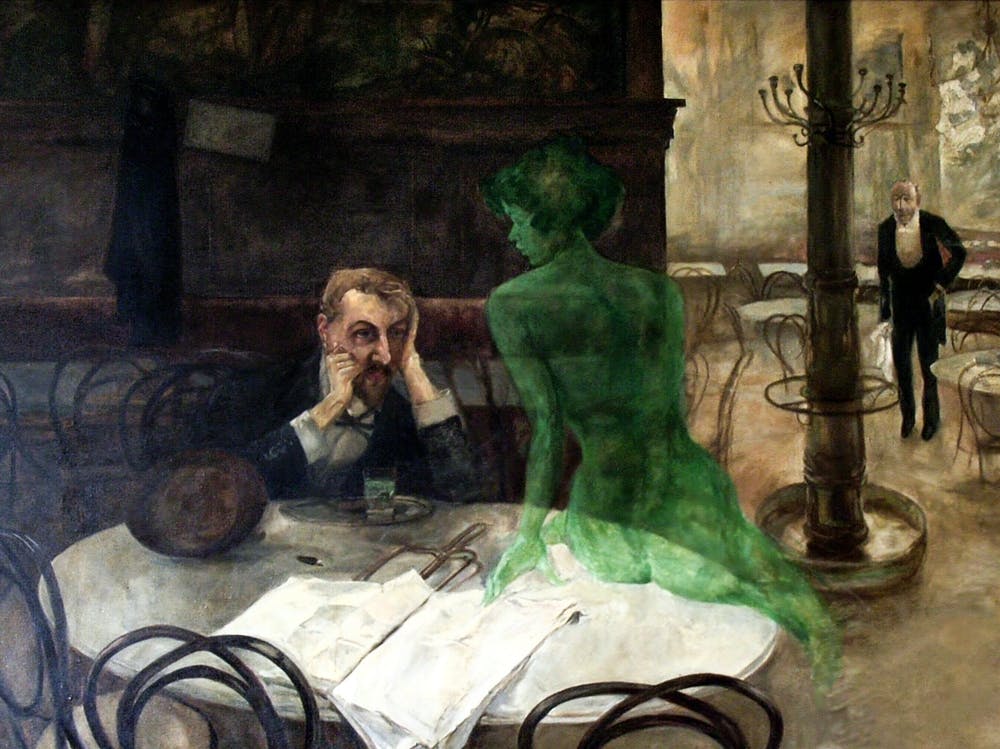 The Absinthe Drinker by Viktor Olivia 1901 - Parisian Cafe Vintage Victorian Famous Green Fairy Witch Sat by Man Drinking - Trippy Witchy Psychedelic Visions Funny Remastered High Definition Immaculate