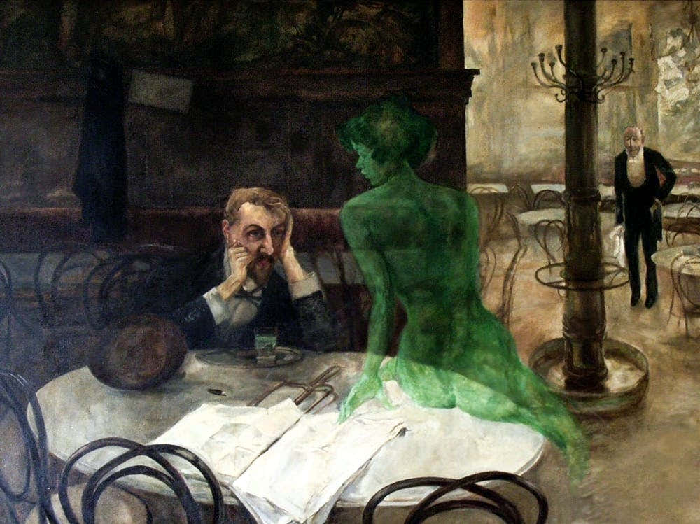 The Absinthe Drinker by Viktor Olivia 1901 - Parisian Cafe Vintage Victorian Famous Green Fairy Witch Sat by Man Drinking - Trippy Witchy Psychedelic Visions Funny Remastered High Definition Immaculate