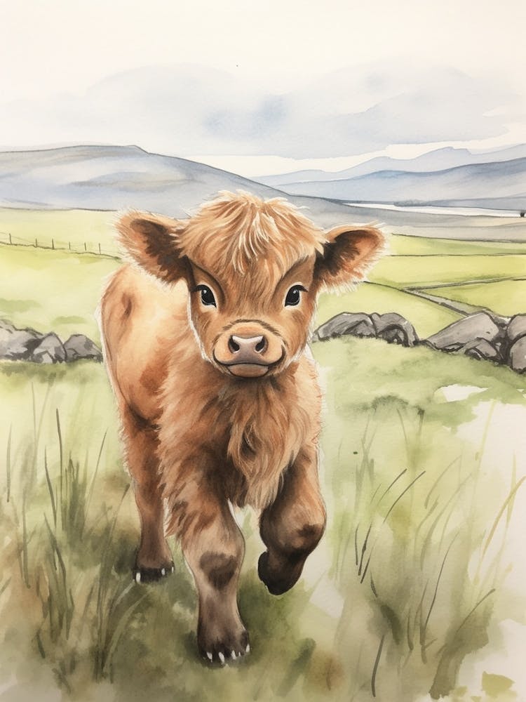 Cute Watercolour Portrait Of Highland Cow Calf 2